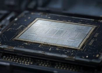 Close-up of an advanced semiconductor die on a dark substrate, conveying mass production of AI accelerator silicon.