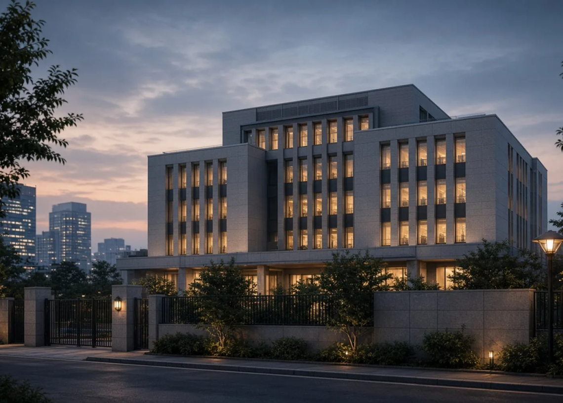 Modern institutional building facade at twilight in an urban financial district, conveying Bank of Japan policy atmosphere.