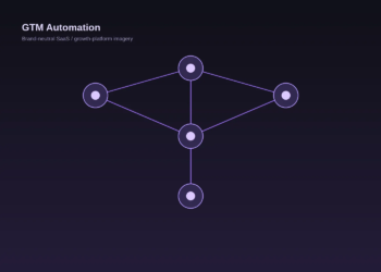 Abstract SaaS growth-automation network graphic for a software fundraising story.