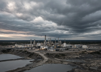 Northern Canadian heavy-oil industrial complex under a dramatic cloudy sky, suggesting Clearwater oil-sands operations.