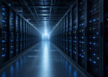 AI data-center aisle lined with server racks and blue status lights, suggesting advanced computing infrastructure without AGI-as-fact claims.