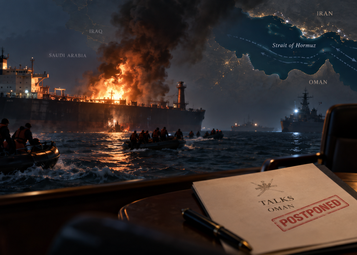 Hormuz shipping risk after vessel strikes; Oman talks postponed