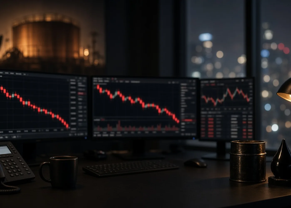 Trading desk with descending equity charts and oil-industry accents, suggesting Wall Street closed lower as oil stays elevated ahead of inflation data.