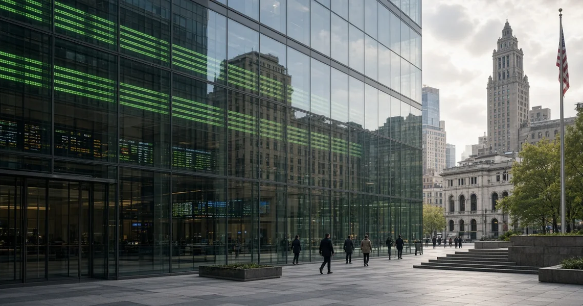 New York financial plaza with green ticker glow in glass, as Wall Street futures stay green but pare after a hot-core CPI print.