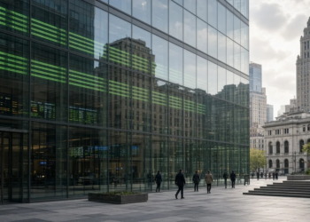 New York financial plaza with green ticker glow in glass, as Wall Street futures stay green but pare after a hot-core CPI print.