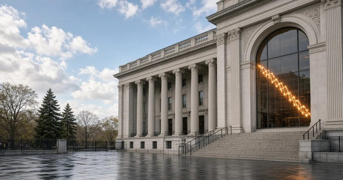 Classical U.S. finance facade on a wet plaza with a descending yield-curve glow in the arched window, as the 10-year retreats from a near-5% spike.