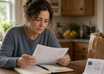 A household reviews bills at a kitchen table as U.S. consumer sentiment falls and inflation expectations rise.