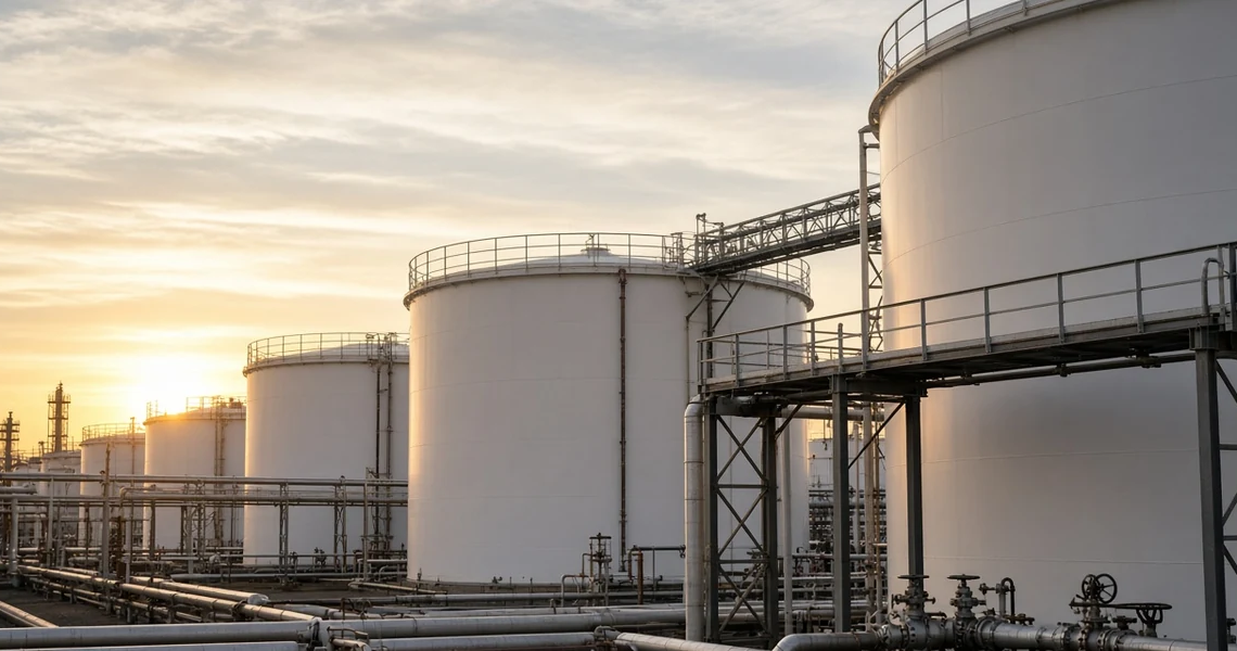 Crude storage tanks at late-day light as WTI and Brent lock Friday settles.