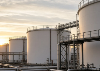 Crude storage tanks at late-day light as WTI and Brent lock Friday settles.