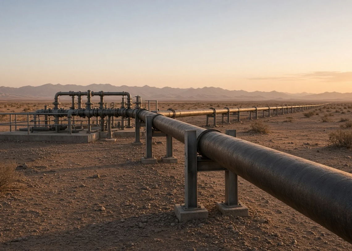 A desert crude pipeline on steel supports beside an idle valve station at first light.