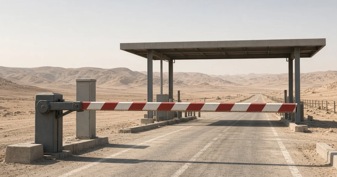 A closed desert border crossing with the barrier down after Iraq shut Shalamcheh.