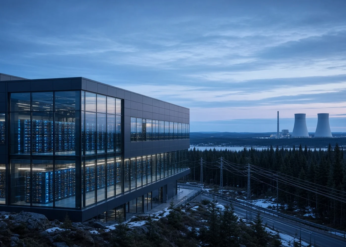 Nordic data center beside distant civilian nuclear cooling towers, suggesting Google Finland AI CapEx paired with Fortum nuclear power without logos or euro amounts on image.