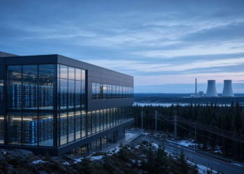 Nordic data center beside distant civilian nuclear cooling towers, suggesting Google Finland AI CapEx paired with Fortum nuclear power without logos or euro amounts on image.