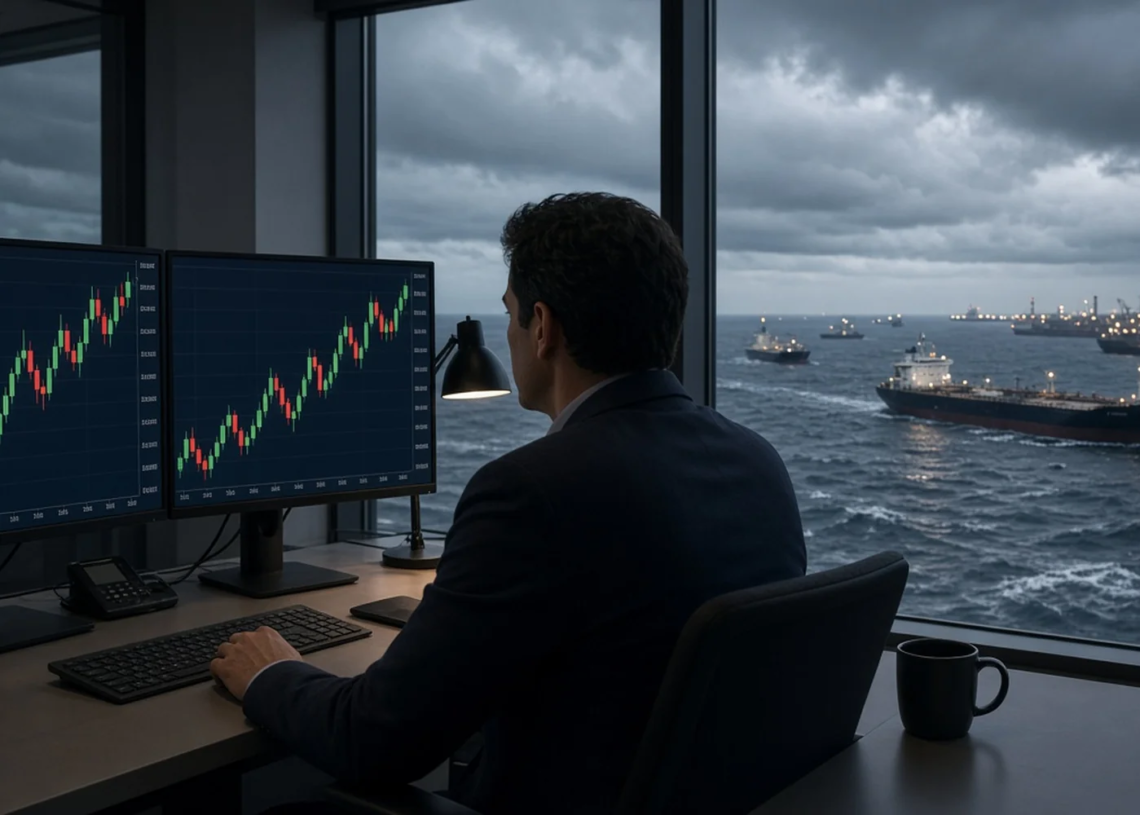 Energy trader at dual monitors overlooking rough seas and oil tankers, suggesting Brent holds above $100 amid Hormuz recovery fade without readable settle figures on screen.