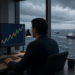 Energy trader at dual monitors overlooking rough seas and oil tankers, suggesting Brent holds above $100 amid Hormuz recovery fade without readable settle figures on screen.