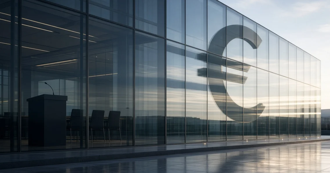 Modern glass eurozone finance building with large euro symbol and empty briefing podium, framing the ECB rate decision without readable deposit-rate figures.