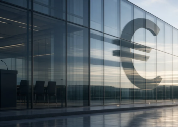 Modern glass eurozone finance building with large euro symbol and empty briefing podium, framing the ECB rate decision without readable deposit-rate figures.