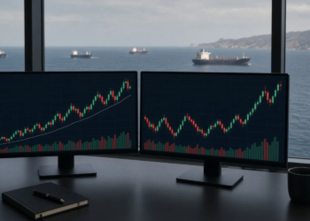 Oil trading desk with rising futures charts overlooking tankers at sea, as Brent and WTI push higher on Middle East chokepoint pressure.