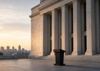 Marble institutional facade at dawn with an empty press podium, framing Friday CPI as the last major inflation gate before the Federal Reserve meeting.