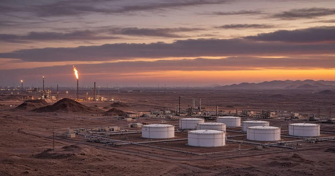 Desert oil storage tanks and a gas flare at twilight, illustrating Saudi Arabia's official August OPEC crude output print.