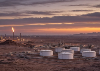 Desert oil storage tanks and a gas flare at twilight, illustrating Saudi Arabia's official August OPEC crude output print.