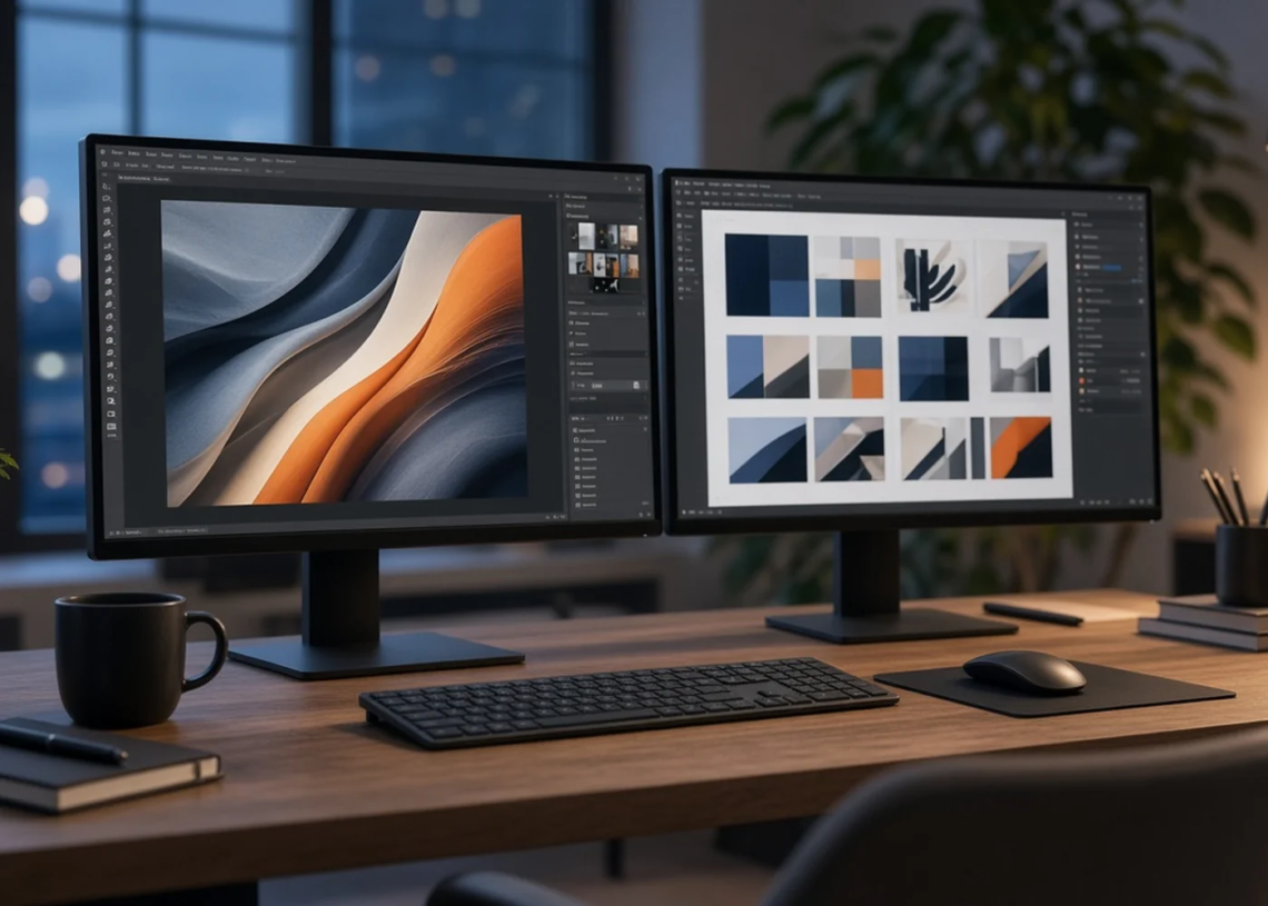 After-hours creative workstation with dual design monitors, reflecting Adobe's Q3 beat and soft Q4 guidance.