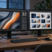 After-hours creative workstation with dual design monitors, reflecting Adobe's Q3 beat and soft Q4 guidance.