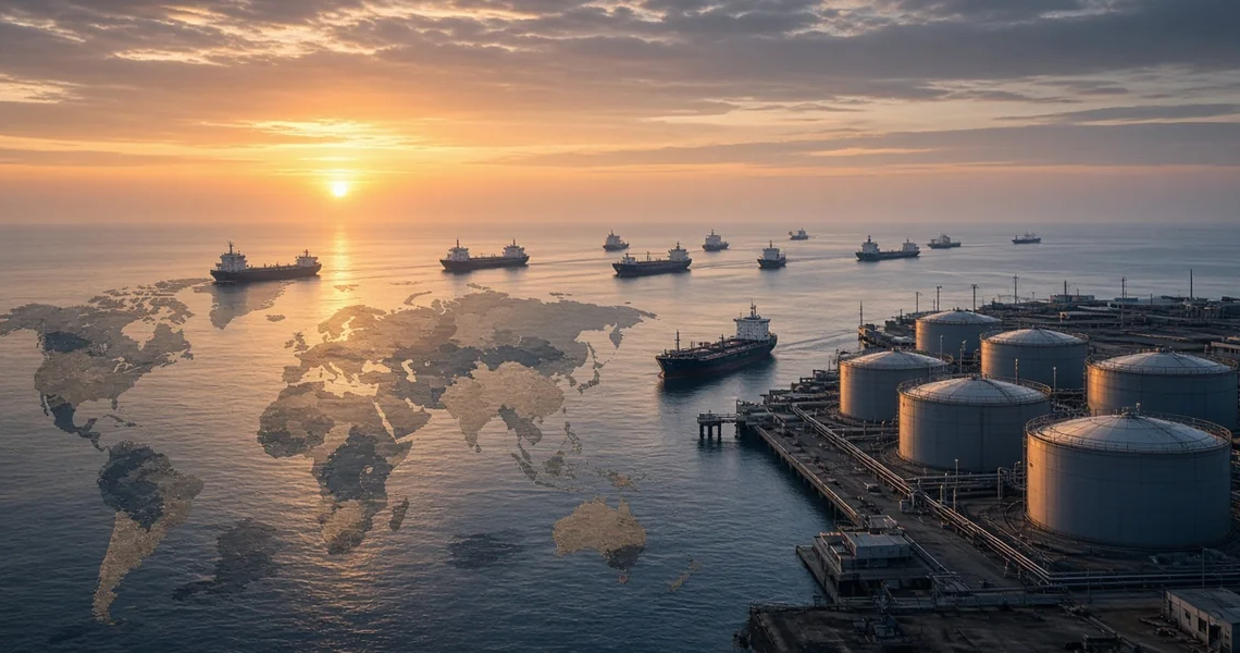Oil tankers and storage tanks at dawn with a soft global map overlay, illustrating the IEA's deeper 2026 oil demand cut and deferred Gulf recovery.