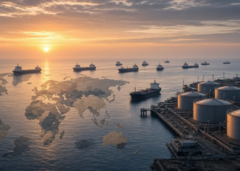 Oil tankers and storage tanks at dawn with a soft global map overlay, illustrating the IEA's deeper 2026 oil demand cut and deferred Gulf recovery.