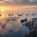 Oil tankers and storage tanks at dawn with a soft global map overlay, illustrating the IEA's deeper 2026 oil demand cut and deferred Gulf recovery.