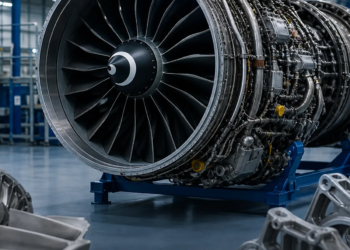 Commercial aircraft jet engine and precision metal castings on a factory floor, illustrating aero-engine supply-chain industrial capacity.