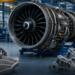 Commercial aircraft jet engine and precision metal castings on a factory floor, illustrating aero-engine supply-chain industrial capacity.
