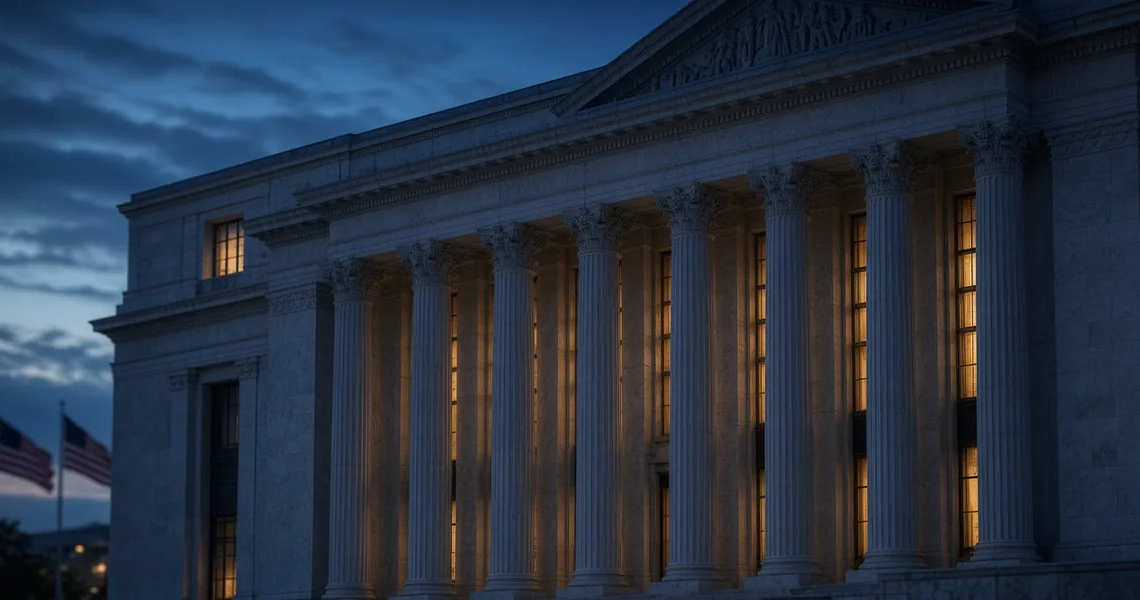 Neoclassical institutional facade with columns at twilight, suggesting U.S. monetary-policy and Fed decision atmosphere without documents.