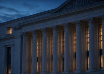 Neoclassical institutional facade with columns at twilight, suggesting U.S. monetary-policy and Fed decision atmosphere without documents.