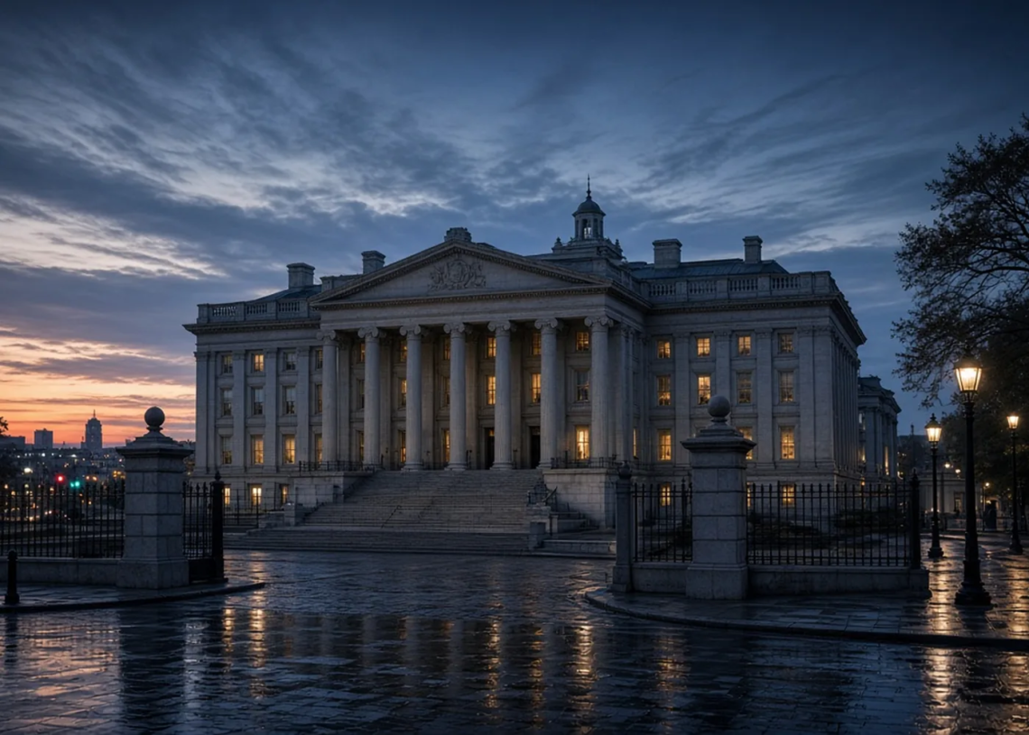 Neoclassical government finance building at dusk with wet plaza reflections, illustrating Treasury-market reaction as yields stayed elevated.
