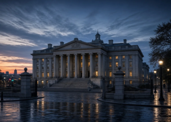 Neoclassical government finance building at dusk with wet plaza reflections, illustrating Treasury-market reaction as yields stayed elevated.