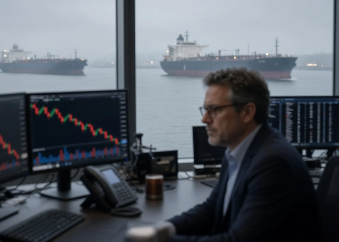 Energy trader at descending oil charts with tankers in gray harbor light, as WTI slips under $100 versus Thursday settles.