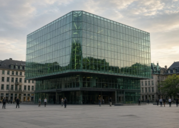 Pedestrians in a European plaza before a glass stock-exchange cube as regional indexes climb Friday.
