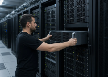 A technician slides a 2U server chassis into a data-center rack, illustrating an AI-server hardware surge.