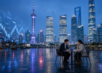 Shanghai financial district terrace at night with abstract market chart overlay, framing DeepSeek STAR IPO prep as sources-say mood without filing stamps or valuation text.