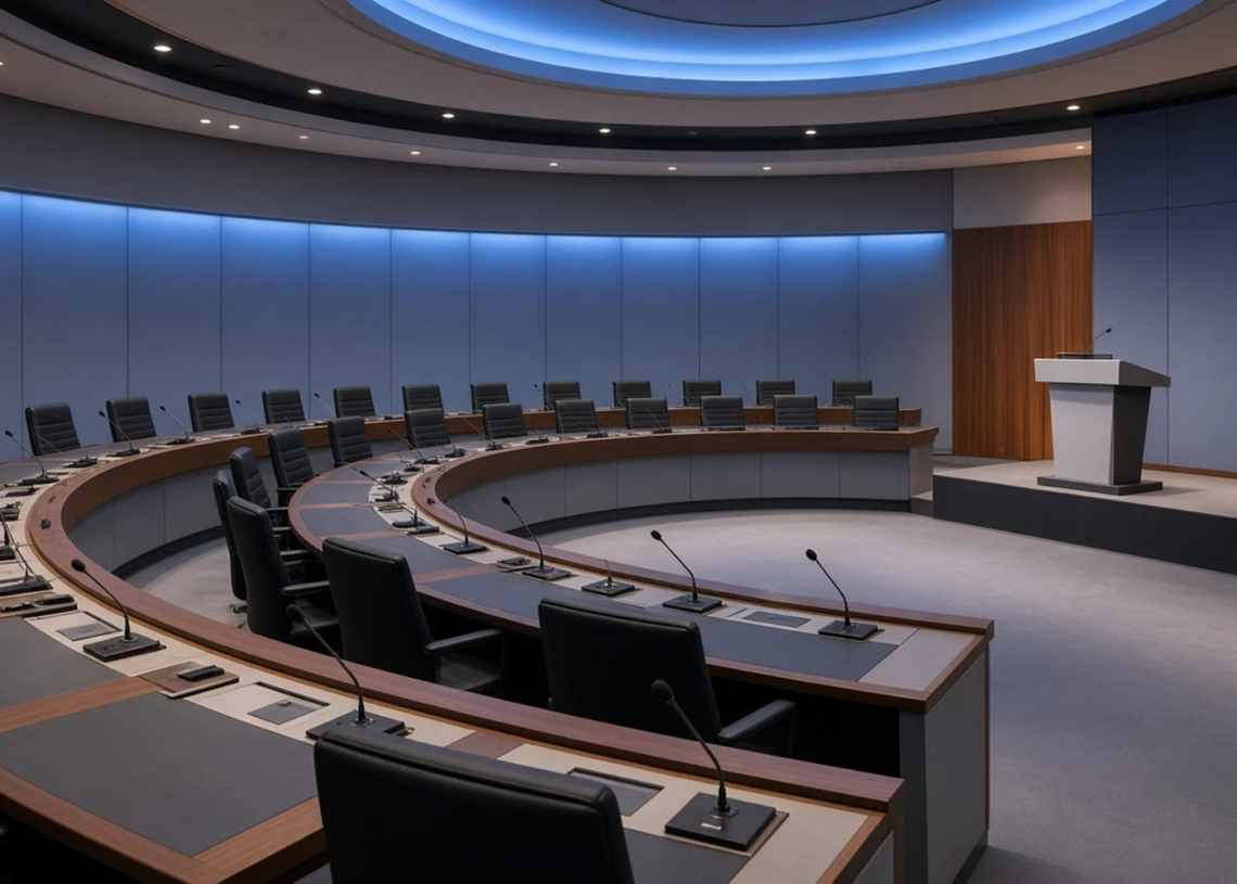 Empty circular international briefing chamber with podium and microphones, framing IAEA Board referral to the UN Security Council as diplomacy path, not enacted sanctions.