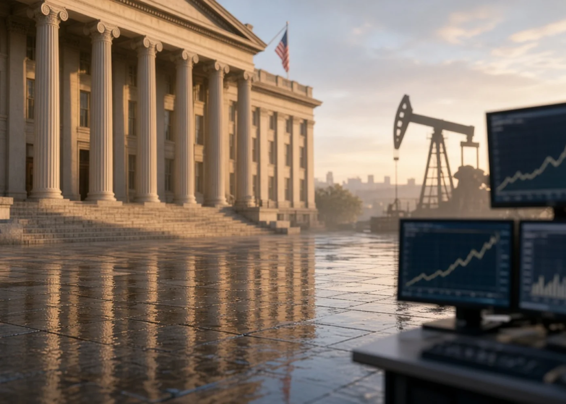 Neoclassical finance facade at sunrise with wet plaza, oil pump-jack silhouette, and ascending abstract yield charts, suggesting 10-year yield repricing after oil, PPI, and ECB.
