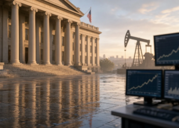 Neoclassical finance facade at sunrise with wet plaza, oil pump-jack silhouette, and ascending abstract yield charts, suggesting 10-year yield repricing after oil, PPI, and ECB.