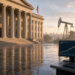 Neoclassical finance facade at sunrise with wet plaza, oil pump-jack silhouette, and ascending abstract yield charts, suggesting 10-year yield repricing after oil, PPI, and ECB.