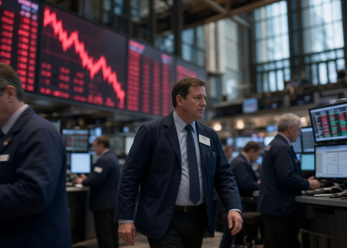 Wall Street trading floor with a steep red descending market board, capturing risk-off trading after hot inflation data and oil above $100.