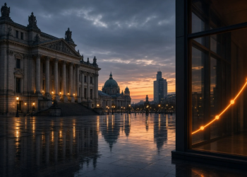 European finance plaza at dusk with classical columns and an ascending orange yield curve glow, as German Bund and French OAT yields hit multi-year highs.