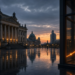 European finance plaza at dusk with classical columns and an ascending orange yield curve glow, as German Bund and French OAT yields hit multi-year highs.