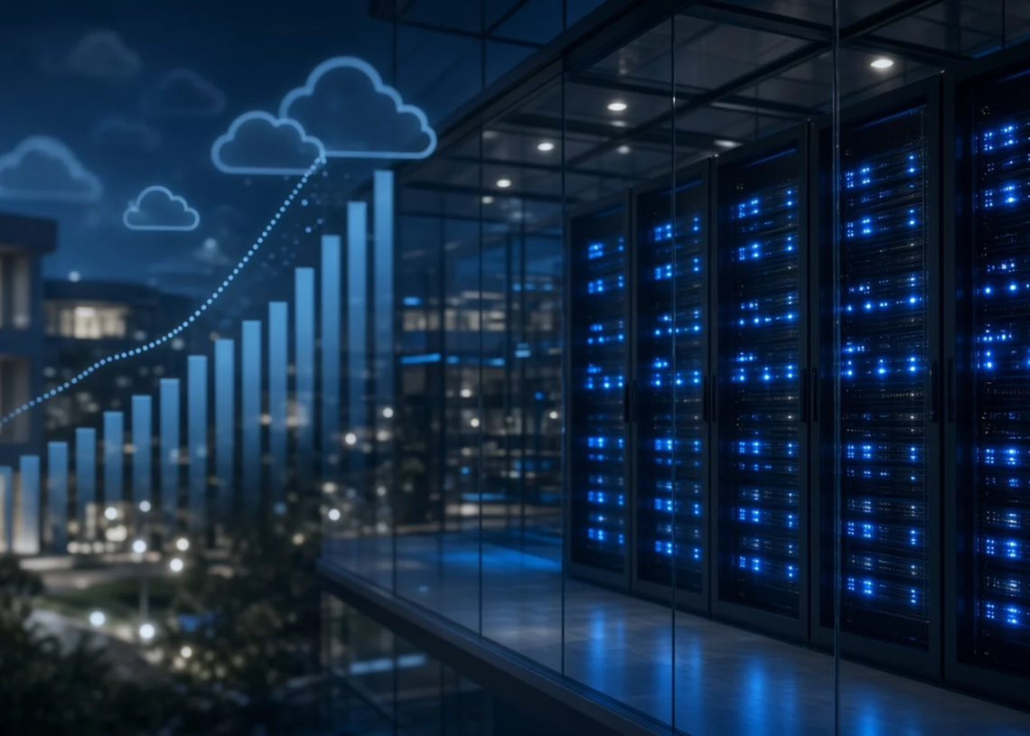 Cloud data center racks with blue LED glow and an ascending cloud growth chart, capturing Oracle's cloud and OCI earnings beat.