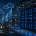 Cloud data center racks with blue LED glow and an ascending cloud growth chart, capturing Oracle's cloud and OCI earnings beat.