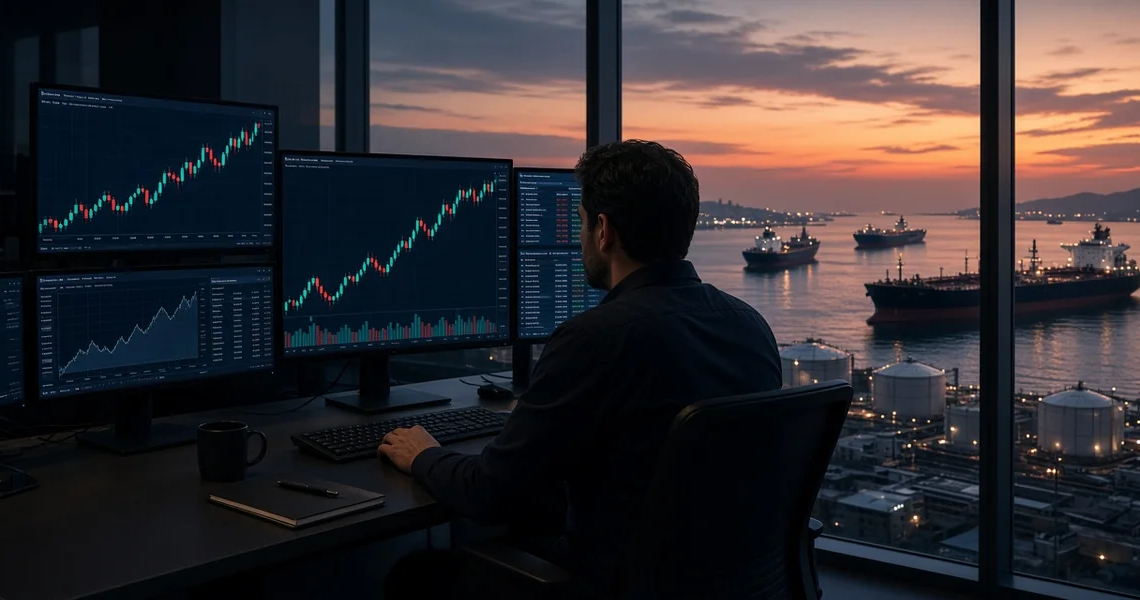 Energy trader at multi-monitor oil charts overlooking tankers and storage tanks at dusk, as WTI and Brent settle above $100.